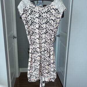 French Connection Black and Cream Patterned Shirt Dress With Lace Detail